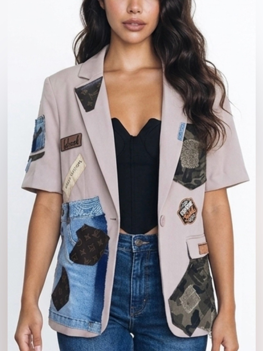Upcycled designer inspired Patchwork Short-Sleeve tan blazer size S